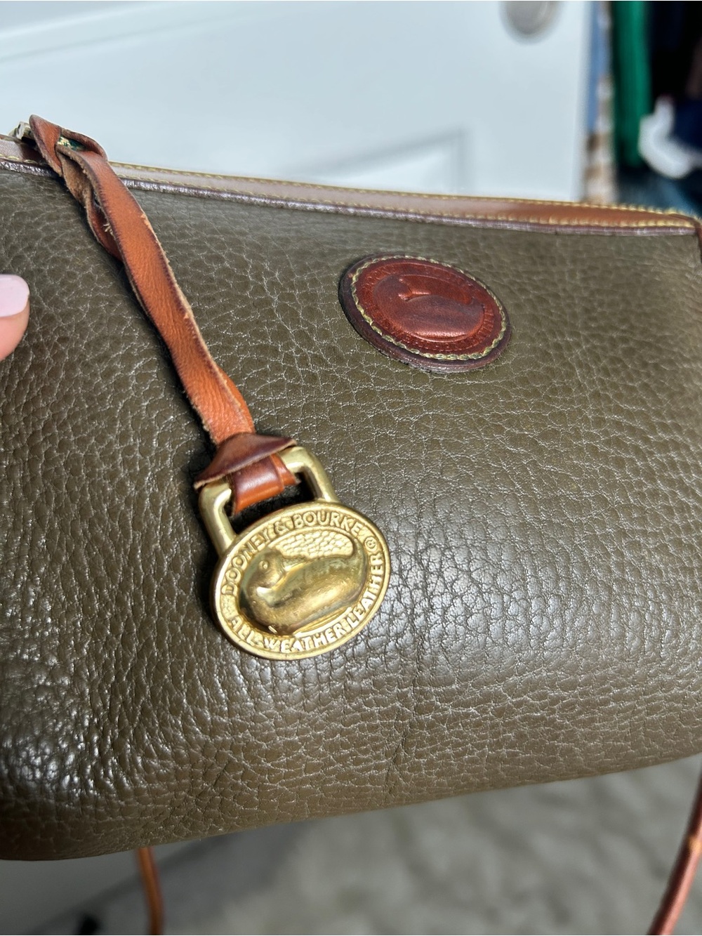 Vintage Dooney & Bourke Olive Green Pebbled Leather Crossbody with Brown Trim